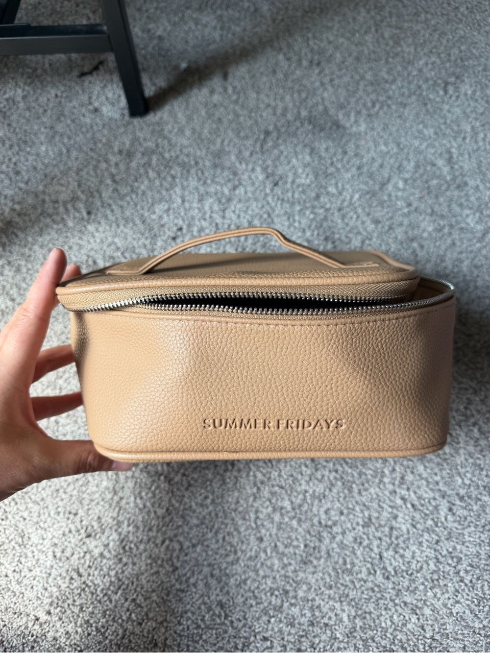 Summer Fridays Beige Pebbled Leather Cosmetic Case with Top Handle